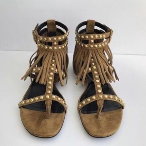Saint Laurent Tan Ysl Studded Fringe Suede Flat